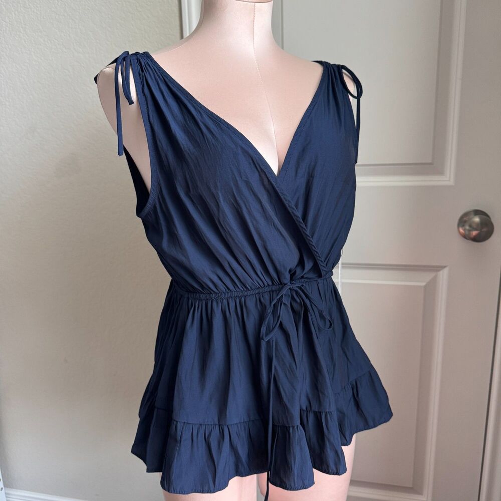 1. State Sleeveless Tie Shoulder Peplum Top in Navy, Size M